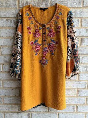 Caleooa 3/4 Sleeve Floral Embroidered 1/4 Button Boho Tunic Blouse Size XL